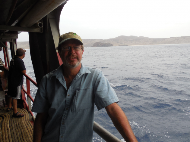 Mulcahy on his way to Clarion, a remote island off of the coast of Mexico and the one place in the world where the Clarion Nightsnake can be found. The Clarion Nightsnake, which was initially discovered in the first half of the 19th century and then struck from the scientific record, was rediscovered and declared a new species by National Museum of Natural History researcher Daniel Mulcahy and a team of Mexican scientists led by ecologist Juan Martínez-Gómez in May 2014. (Photo courtesy of Juan Martínez-Gómez)