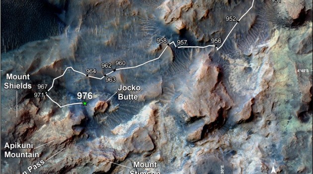 This map shows the route on lower Mount Sharp that NASA's Curiosity followed in April and early May 2015, in the context of the surrounding terrain. Numbers along the route identify the sol, or Martian day, on which it completed the drive reaching that point, as counted since its 2012 landing.